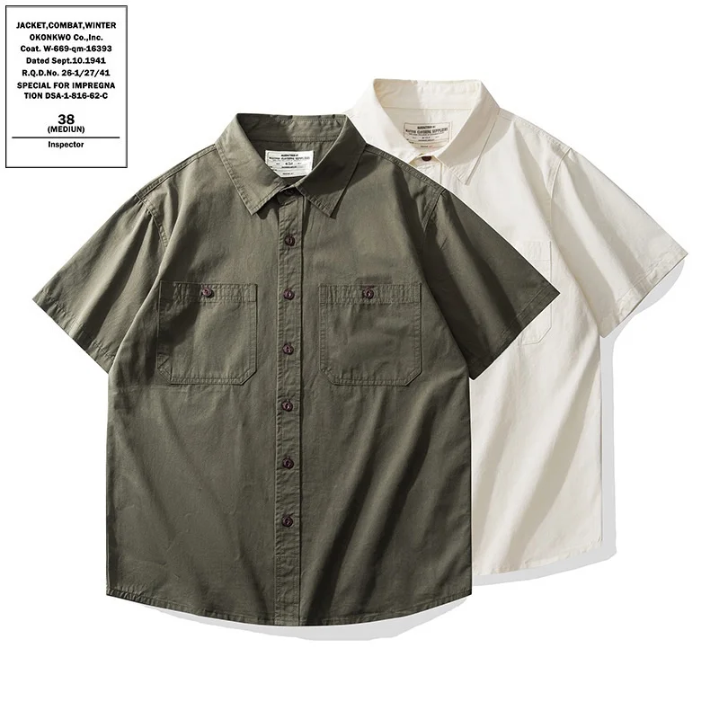 

Мужская рабочая рубашка с коротким рукавом, однотонная, в японском стиле, для инженеров, приталенного кроя, молодежная, летняя, с утолщенным флисовым воротником