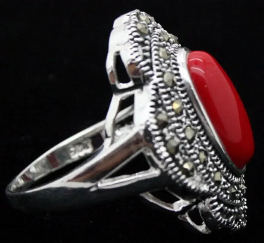 24*16mm Vintage 925 Silver Oval Red Coral Marcasite Ring Size 7/8/9/10