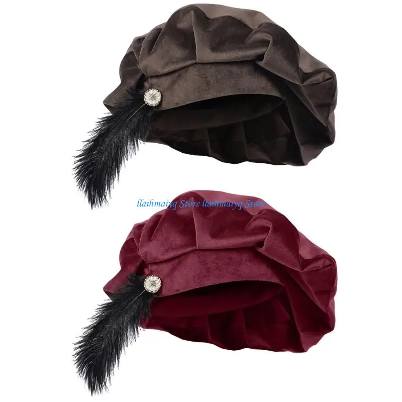

573B Medieval Hat Feathered Cap Light Weight Polyester Medieval Hat For Men Women Halloween Cosplay