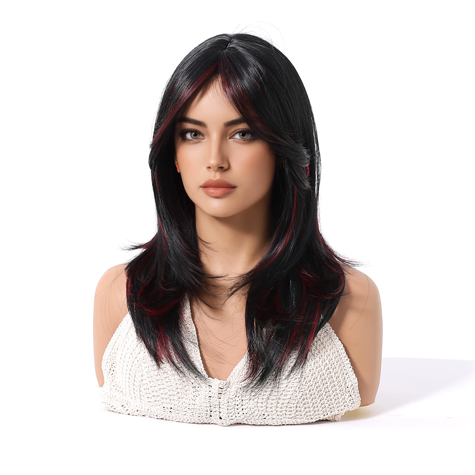 Medium Long Straight Layered Synthetic Wig Black Red Highlights Bangs Heat Resistant Lolita Cosplay Halloween Wig for Women