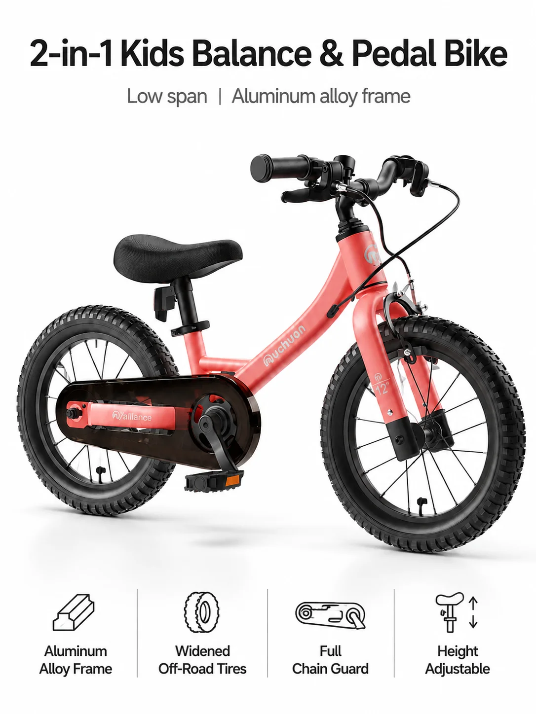 Lightweight Aluminium 2-in-1 Toddler Bike 12/14 Inch, Portable Balance Bike Converts to Kids Pedal Bicycle for Beginner Riders
