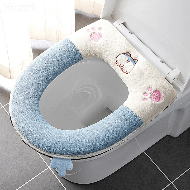 Cute Cartoon Winter Warm Toilet Seat Cover With Handle Washable Toilet Cushion Thicken Plush Toilet Seat Mat Bathroom Aceesories