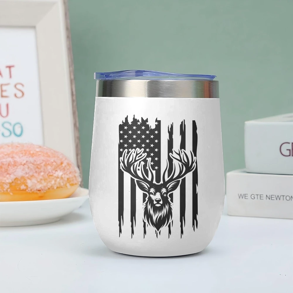 Deer Hunting American Flag Vacuum Flasks 12oz Insulated Wine Tumbler Vacuum Coffee Mug Egg Shape Thermos Cup