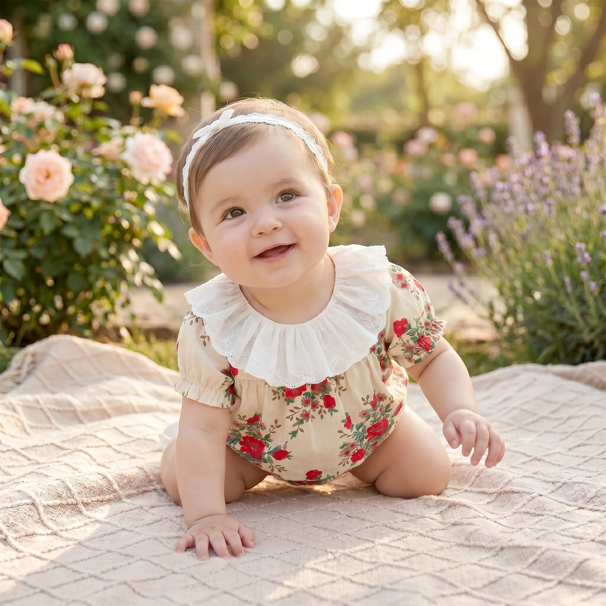 3-24M Summer Pastorale Style Baby Bodysuit Girls Floral Rose Print Lace Ruffle Collar Puff Sleeve Romper Soft Cotton Clothes