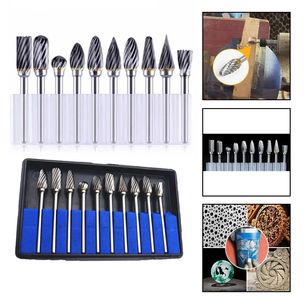 

Carbide Burr Set 1/8" Shank 10pcs Die Grinder Rotary Tool File Set, Carbide Steel Double Cut Rotary File Milling Bits Tools