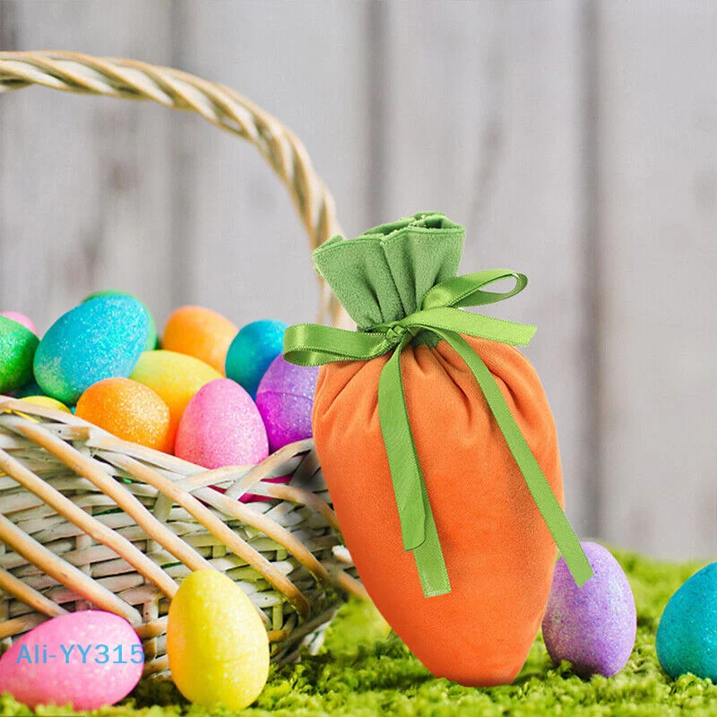 NN82 5Pcs Velvet Rabbit Ear Candy Bags With Drawstring Easter Carrot Gift Bags Bunny Ear Wrapping Pouch Party Favors Supplies