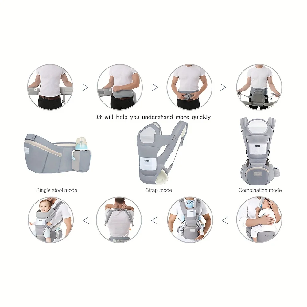 Image 3: Porte-bébé multifonctionnel pour bébé, tabouret de taille, nouveau-né à tout-petit, avant et après, accessoires de sac kangourou, porte-bébé 6 en 1