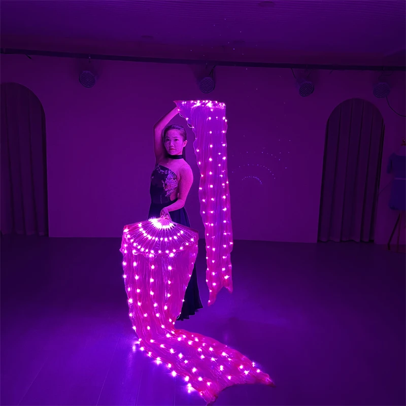 Belly Dance Props Fuchsia LED Silk Fan Veil 180cm For Women Belly Dancer Performance LED Costume Stage Show Party Wedding