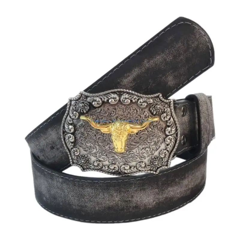 

97QE Vintage Carved Buckles PU Belt for Women Hiphop Dancing Belt Head Buckles Waistband Western Belt for Men Unisex