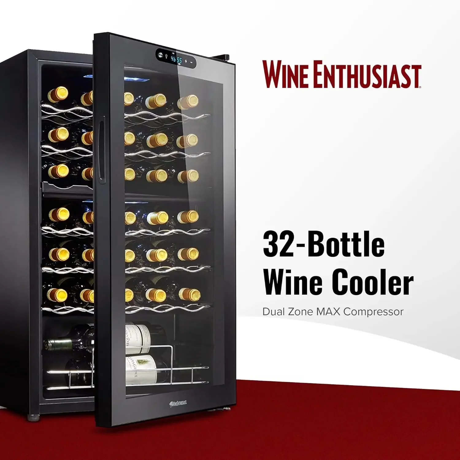 Enthusiast 32-Bottle Dual Zone MAX Compressor Wine Cooler - Freestanding Refrigerator with Split Storage & Temperature, Digital