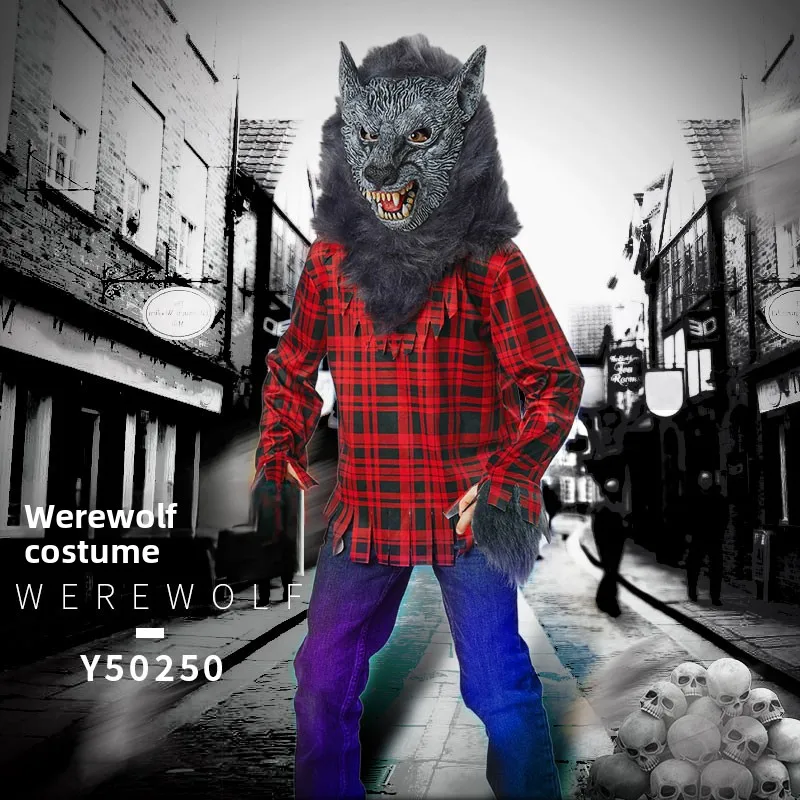 Kait Nova Roupa Infantil de loween Conjunto de Cosplay de Lobo Xadrez para Meninos Traje Tradicional Chinês Fibra de Polié...