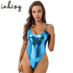 Women Patent Leather Thong Leotard Bodysuit Shiny Metallic High Cut Ballet Gymnastics Romper Pole Dancing Performance Clubwear