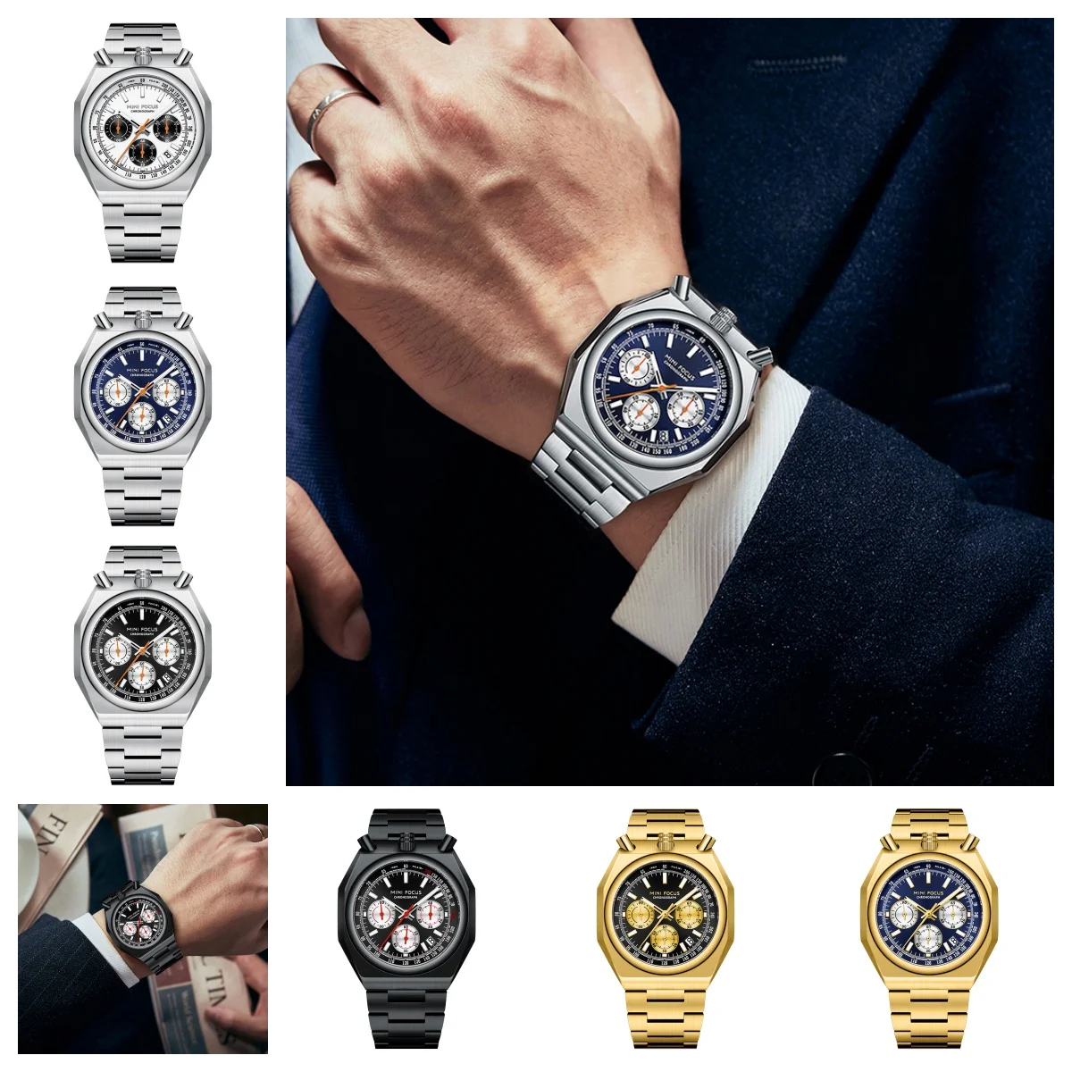 MINI FOCUS Men's Quartz Watch Stainless Steel Strap Analog Multifunction Dial Business Style Pulsometer Male Wristwatch