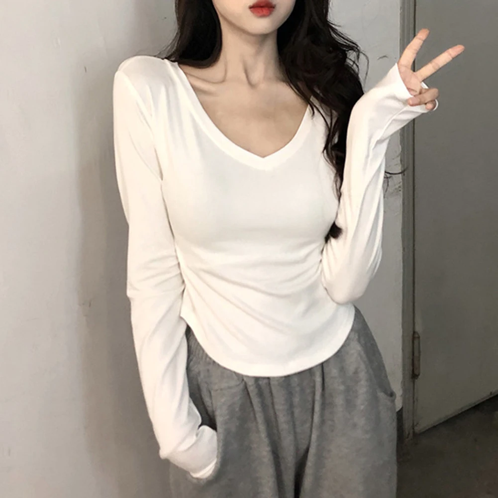 تي شيرت برقبة على شكل حرف V بأكمام طويلة للنساء، قميص خريفي مصنوع من قماش مزيج ألياف لدنة من البوليستر يقدم مريحًا ومظهرًا كاجوال