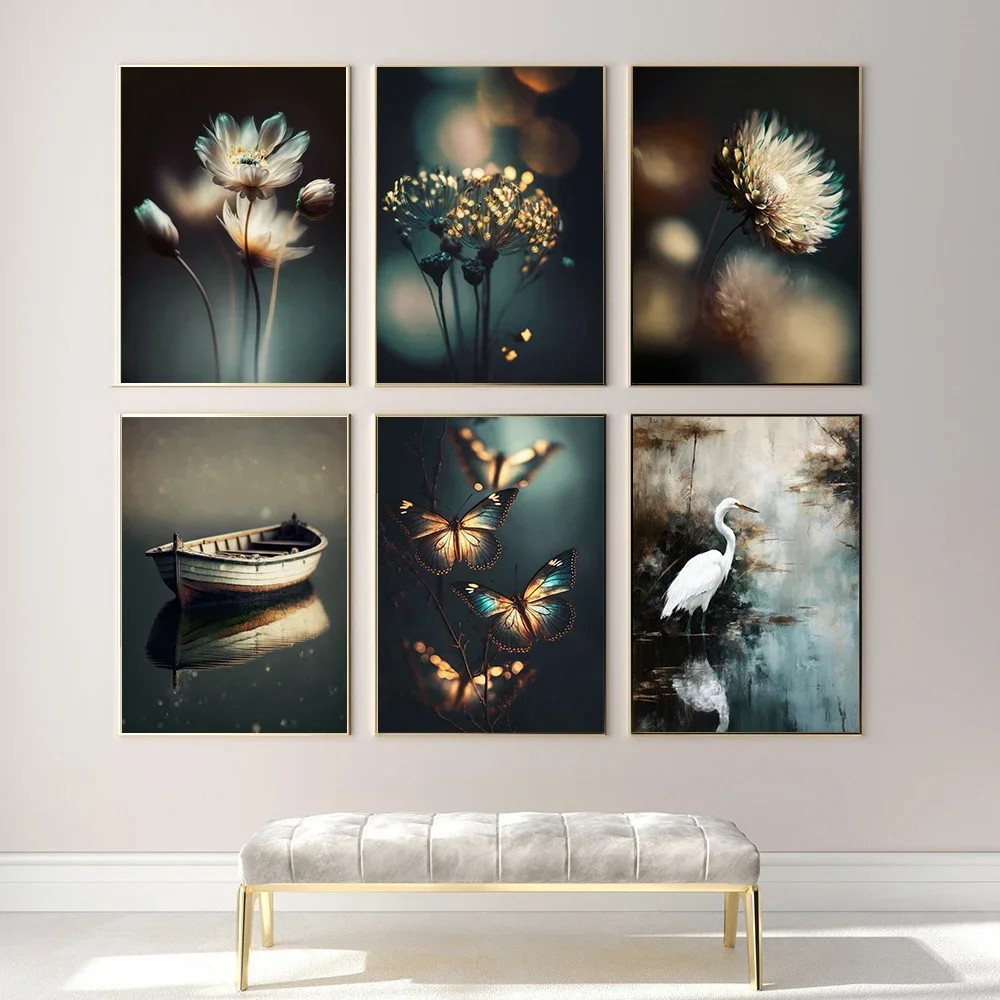 Photo Golden Flower Bloom Butterfly Egret Boat Abstract Posters Canvas Painting Prints Wall Art Picture Living Room Home Decor