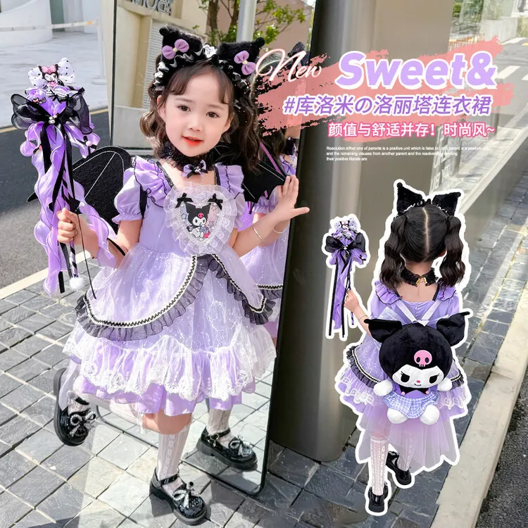 Kawaii Kuromi Cartoon Girls Summer Mesh Princess Dress Anime Sanrio Girly Heart Cute Sweet Children's Lolita Princess Dress