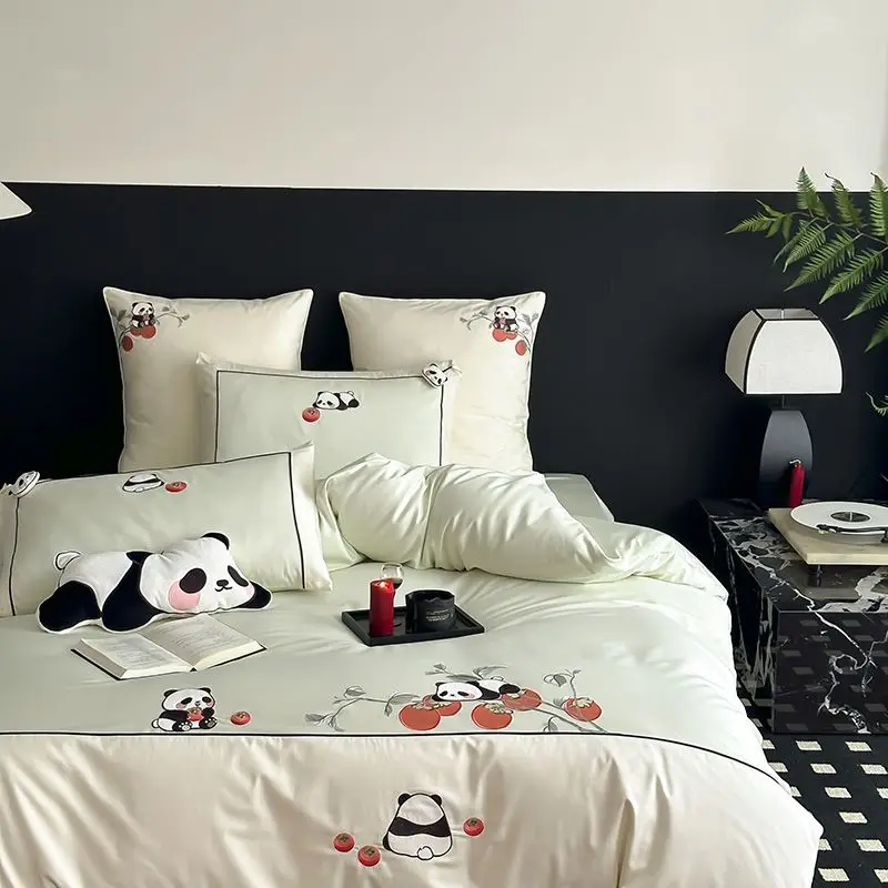 Guofeng high-end pure cotton long-staple cotton four-piece set cartoon panda persimmon embroidered cotton quilt cover bedding
