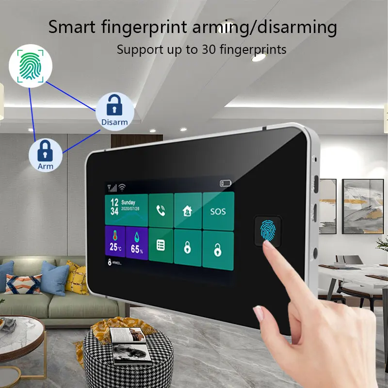 G60 Tuya WiFi Gsm Wireless Home Security Alarm System Ingerprint Armed Temperature Humidity Display 433MHz Fingerprint Siren