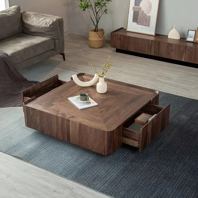 Mesa de centro de madera maciza minimalista italiana de estilo medieval francés, sala de estar moderna de alta gama, parquet para el hogar, café cuadrado de nogal
