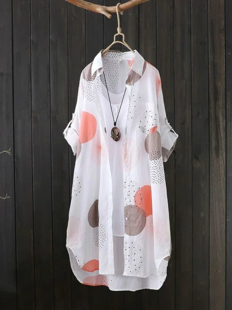 Plus Size Loose Print Blouse Women Cotton Shirt Female Mid Length Autumn Long Sleeved Blouse Casual Winter Korean Style Shirt