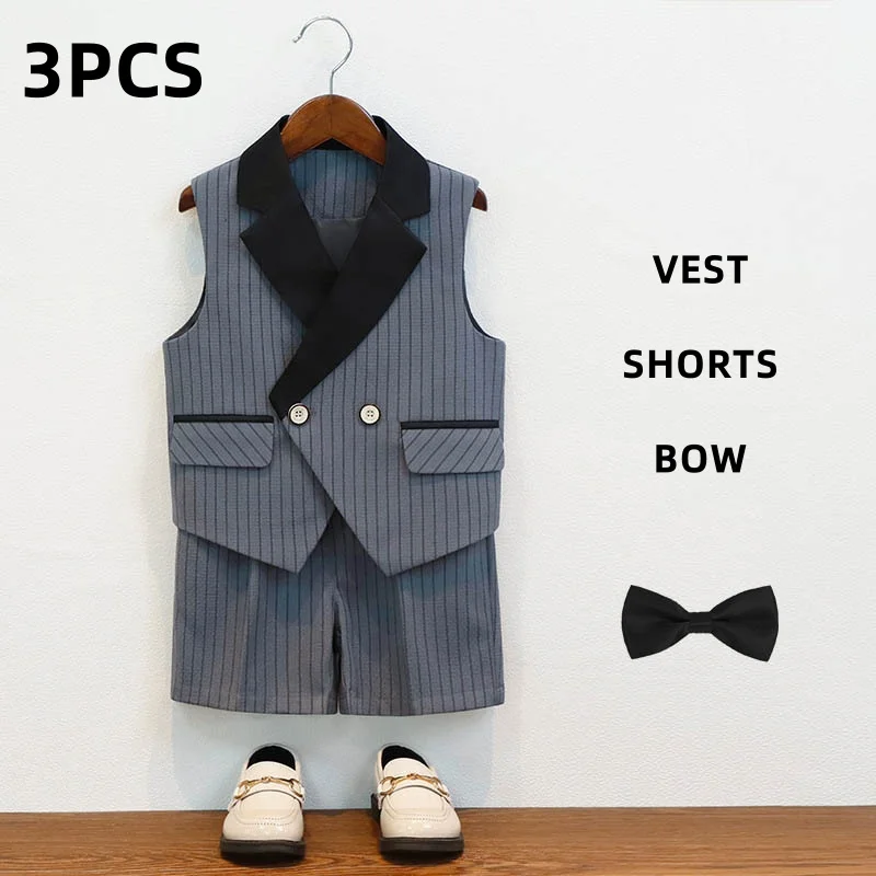 3PCS/Sets Summer Children Boys Grey Striped Vest Shorts Suit Kids Boys Formal Wedding Suit 2-10Y Boys Birthday Suit Outfits Set