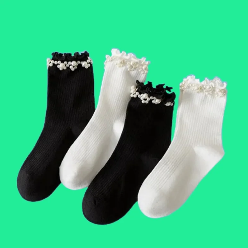 Chaussettes en dentelle respirante absorbant la sueur pour femmes, chaussettes fines avec perles, champignon, printemps et automne, été 5/10, nouveau, 2024 paires