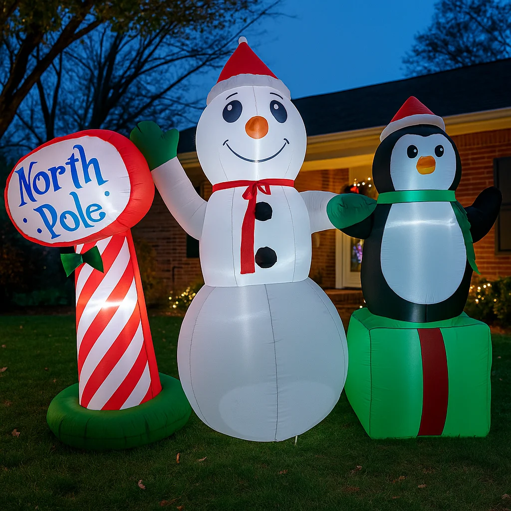 2.2M/7.2FT Inflatable Snowman Penguin North Pole Sign Lights LED Home Decoration Toys Yard Xmas Ornaments Decor Supplies Outdoor