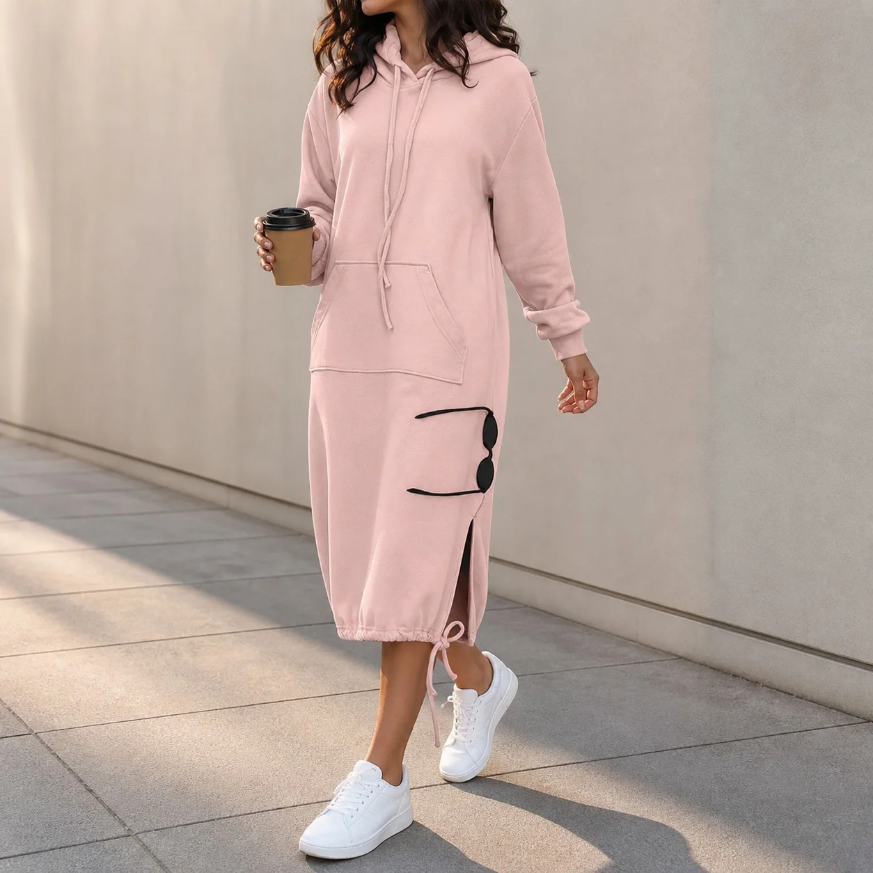 Pullover Hooded Hoodie Regular Thickness Elegant Commuter with Pocket Sweatshirt Loose Fit Wrinkle Treatment Long Hoodie