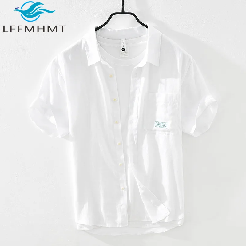 

3021 Cotton Linen White Shirt for Men Summer Fashion Thin Breathable Healthy Loose Casual Simple Basic Short Sleeve Tops Male
