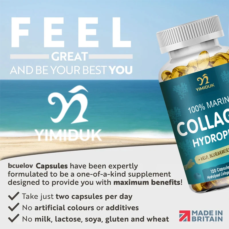 Powerful Marine Collagen - With Hyaluronic Acid, Biotin & Blueberry - 1400mg Complex-Hydrolyzed Type 1-With Vitamins & Minerals