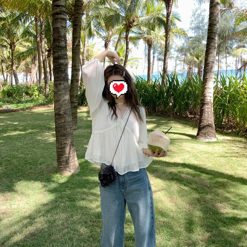 

Корейская блузка в форме сердца — прозрачный топ с рукавами-колокольчиками и кружевной отделкой, женский элегантный шик Y2K, новый тренд
