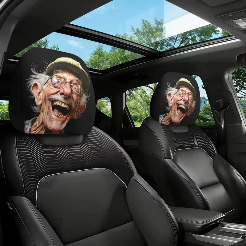 2pcs Funny Exaggerated Old for Man Face Print Car Headrest Covers, Car Interior Decoration, Easy to Install and Remove, Washable