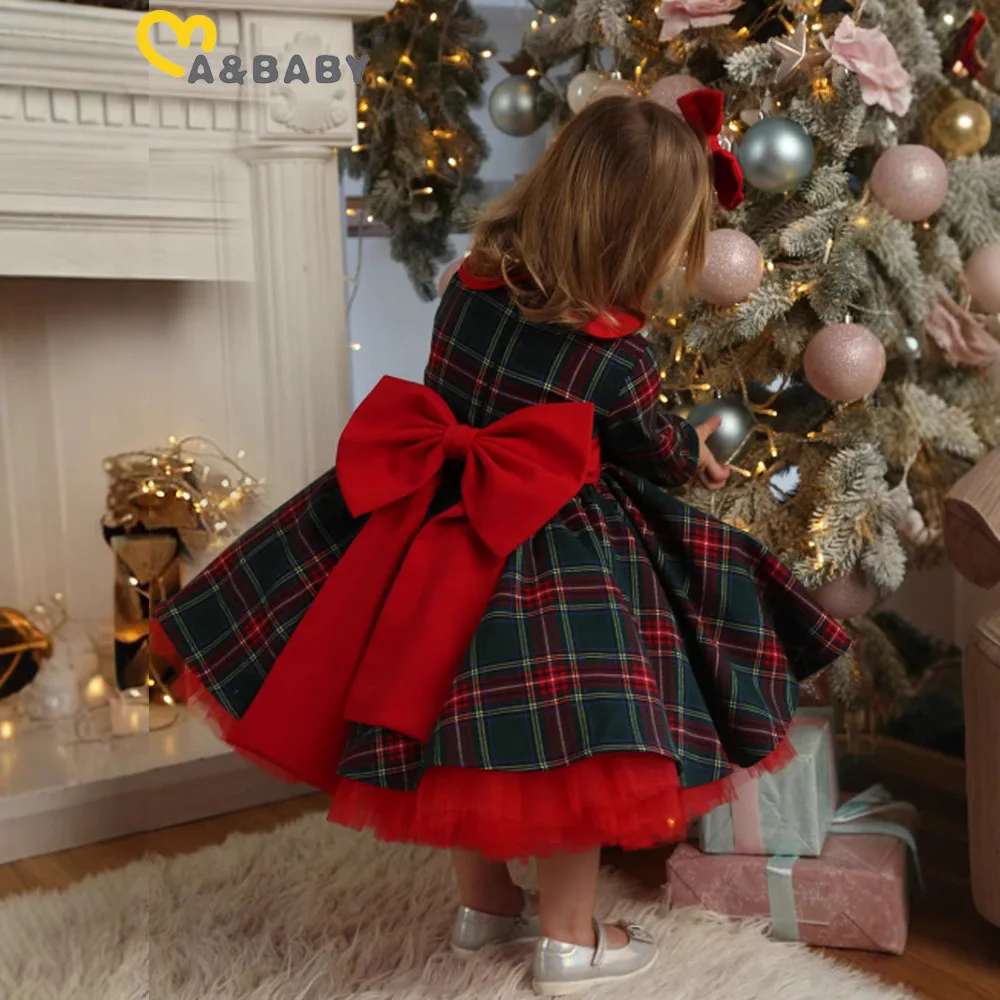 Sweet Baby Girls Red Plaid Big Bow Lolita Dress For Kids Christmas Santa Claus Ceremony Wedding Birthday Party New Year Gown