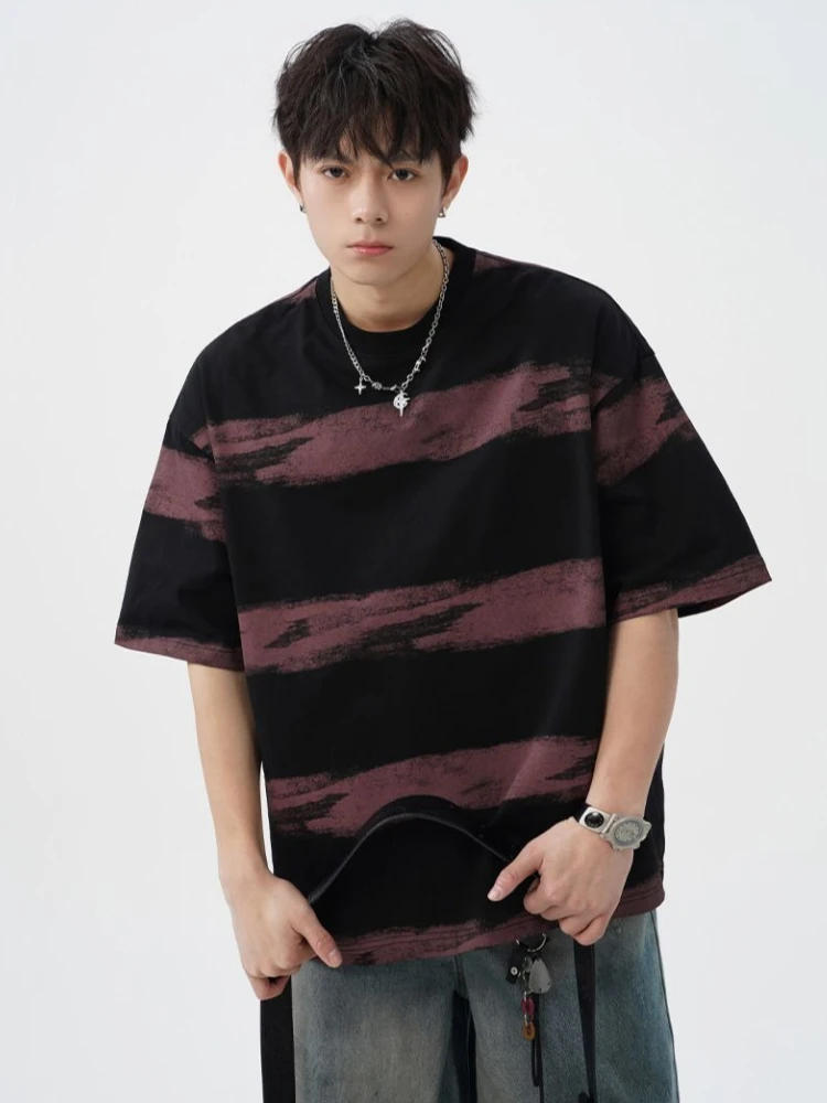

Trendy Men Summer Short Sleeve T-Shirt Tie-Dye Color Blocking Striped Japanese Retro Streetwear Light Luxury Design Fashion
