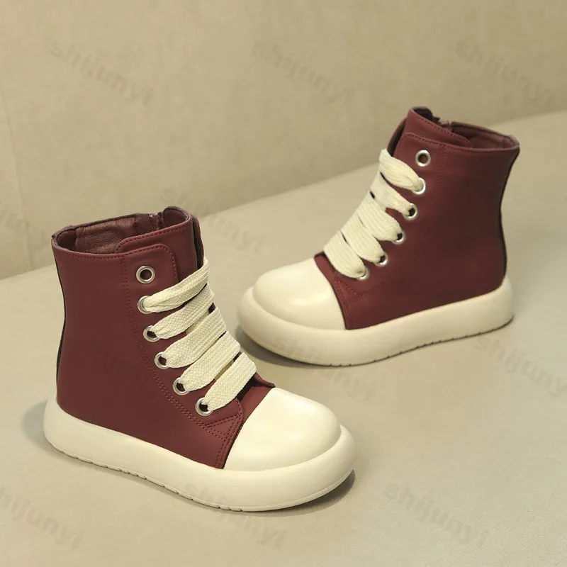 

Girls PU Leather Boots Autumn Anti-slippery Round Toe Casual Lace-Up Comfortable Kids Ankle Boots Fashion Platform Short Boots