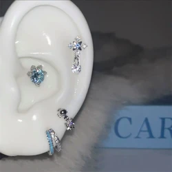 Y2K Shiny Blue Zircon Cross Stainless Ateel Ear Bone Nail for Women 2025 New Fashion Small Earrings Cochlea Accessories