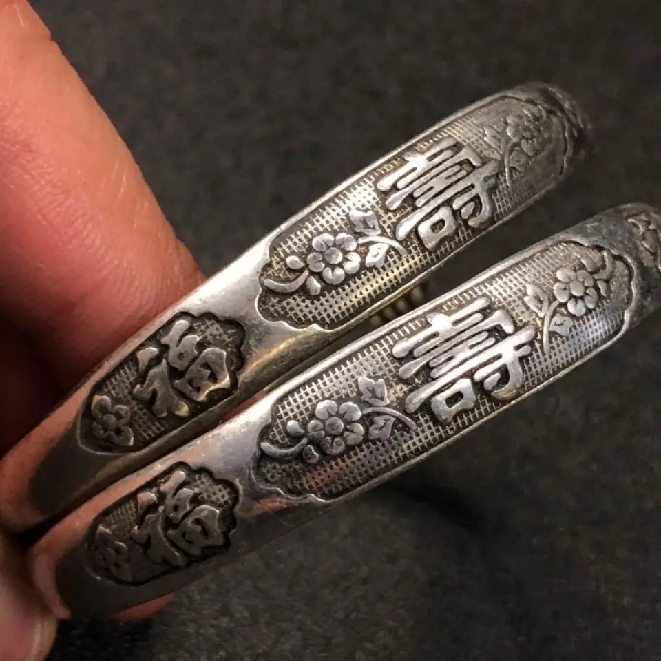 Antique Old Collection Dragon Phoenix Solid Push Pull Women Bracelet Old Tibetan Silver Foot Silver Solid Bangle