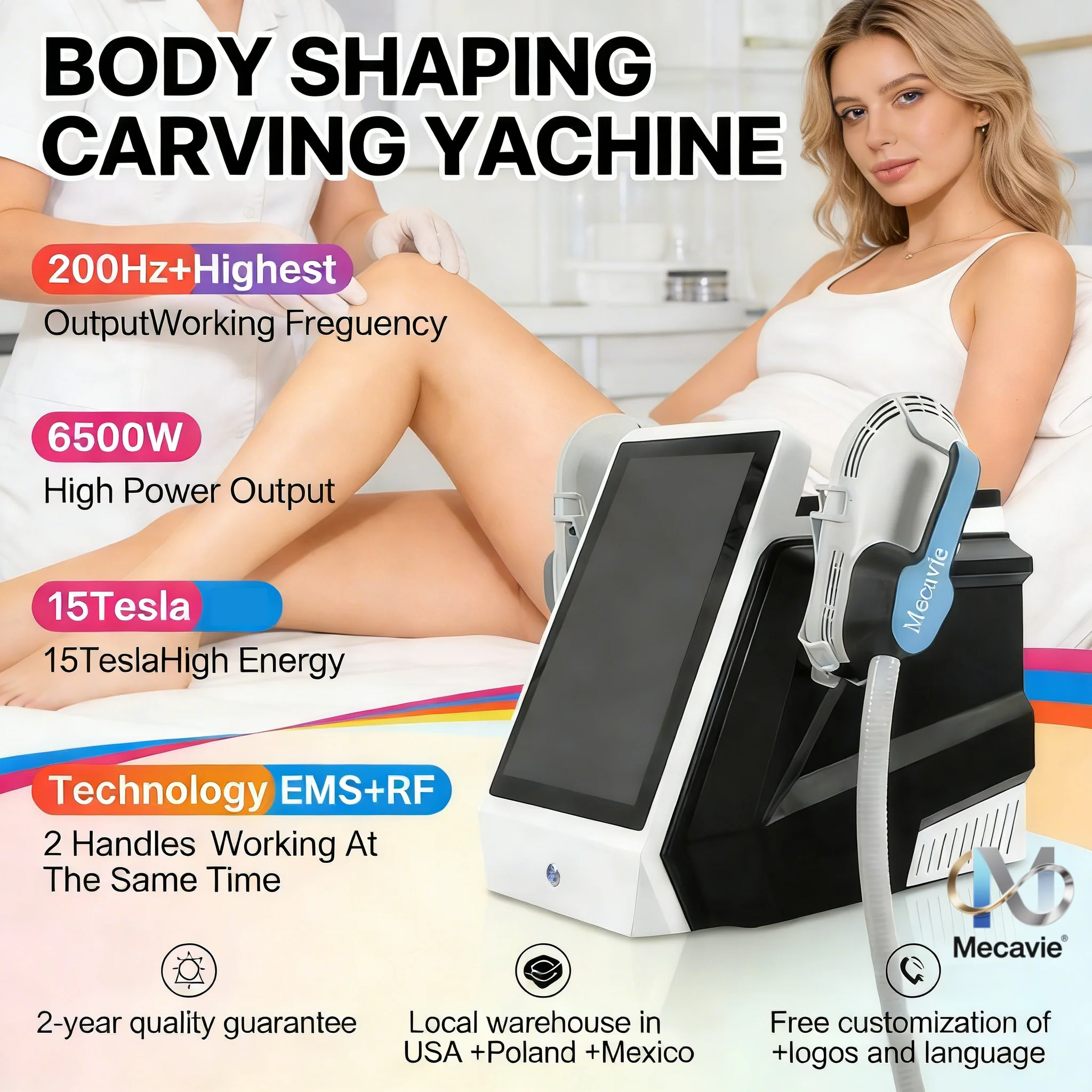 

MECAVIE NEO 2026 НОВИНКА: Тренажер для мышц тела - 6500 Вт, RF электромагнитный, для похудения и контурирования таза, удаления жира, 200 Гц, ABS