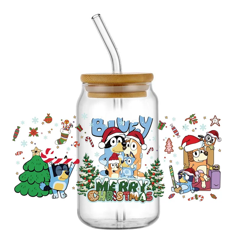 Miniso Christmas Cartoon Dog 3D UV DTF Sticker For Glass Cup Can Wrap Transfer Decal Sticker Custom Labels DIY Logo Gift