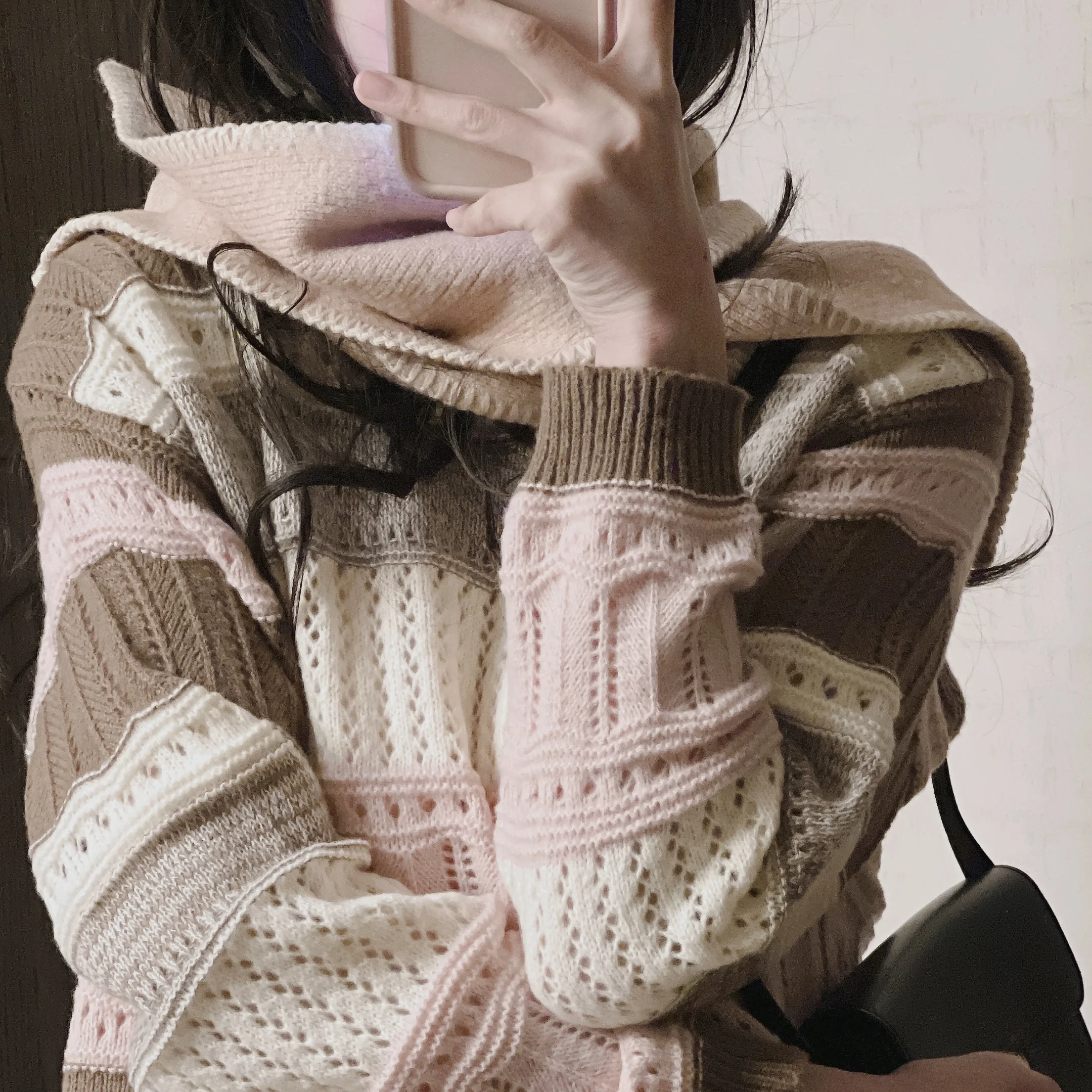 

Трехцветный вязаный свитер ручной работы Ice Cr Colion Color Ручное вязание Выдалбленный узор Turtlene Long Sve Женский ...