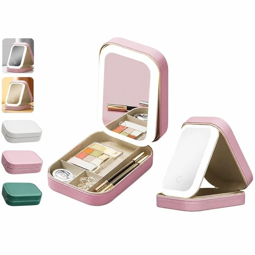 Portable LED Makeup Bag with Mirror 3 Colors Lighting Multi-Compartment Makeup Storage Box Jewelry Organizer Makeup Accessories
