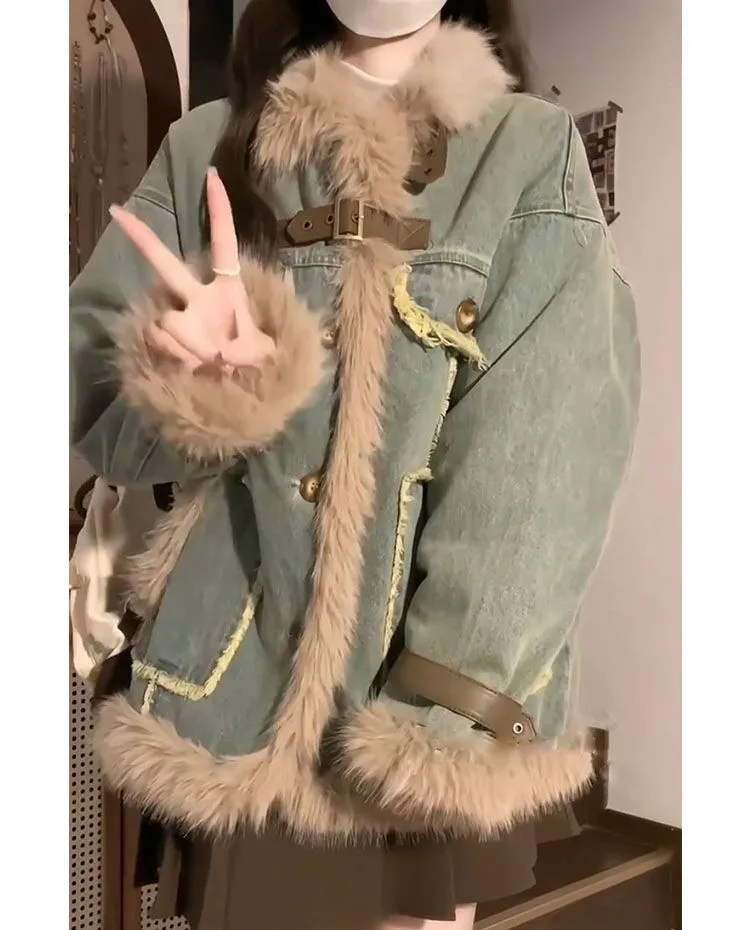 معاطف الدنيم للمرأة طويلة الفراء القطيفة المرأة الشتاء منحوتة الخياطة الحد الأدنى الشارع الشهير الاتجاه الحضرية الاجتماعية المرقعة المفاجئة OL