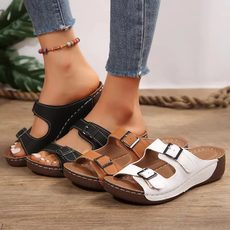 Double Buckle White Wedge Sandals Women Llightweight Summer Platform Slippers Woman Plus Size Casual Beach Flip Flops