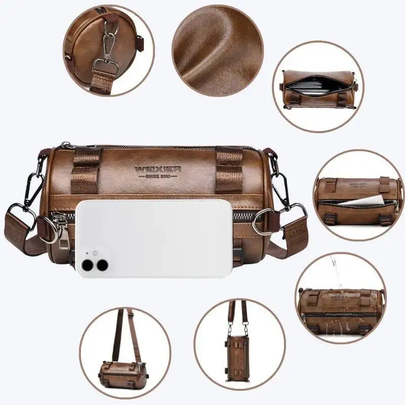 Bandolera de cuero PU a la moda para bolso de hombro tipo Bombonera, bolsos de barril informales para hombre, bolsos de mensajero circulares para hombre