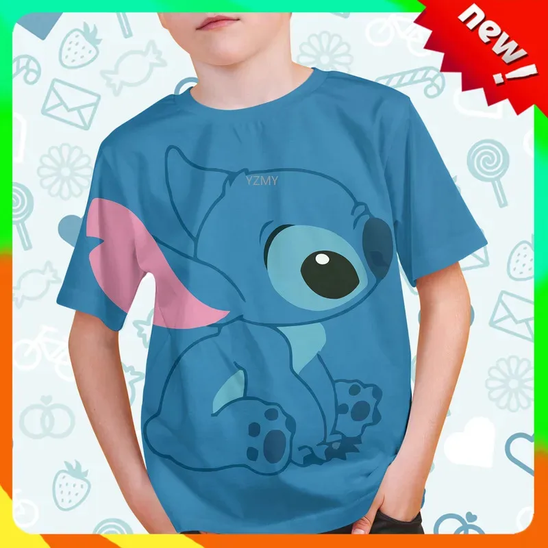 Лето 2023, новая детская футболка Disney Lilo & Stitch, повседневная одежда для мальчиков и девочек, детские футболки с героями мультфильмов, футболки для детей 1–14 лет