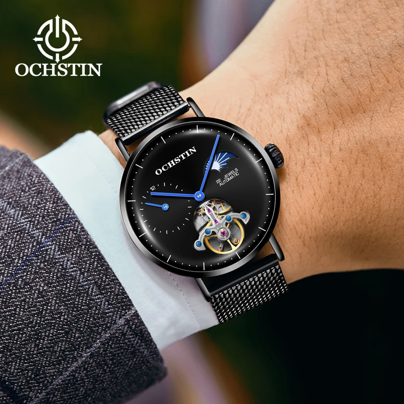 OCHSTIN Business Tourbillon Mechanical Men\'s Watches Woven Nylon Band Cover Glass Silver Case Moon Phase Clock Relogio Masculino