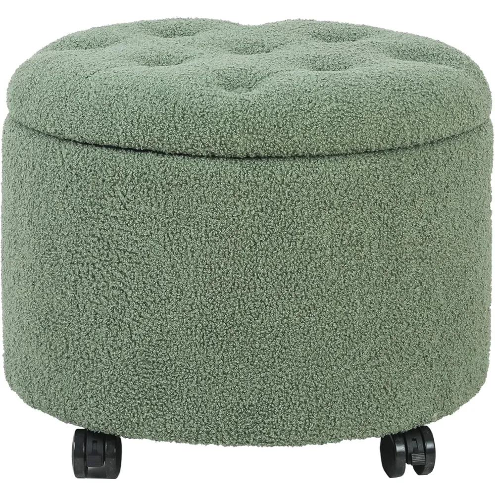 

Round Storage Ottoman with Rolling Wheels, Teddy Velvet Foot Rest Stool Tufted Footstool for Living Room, Bedroom, Dorm, Green