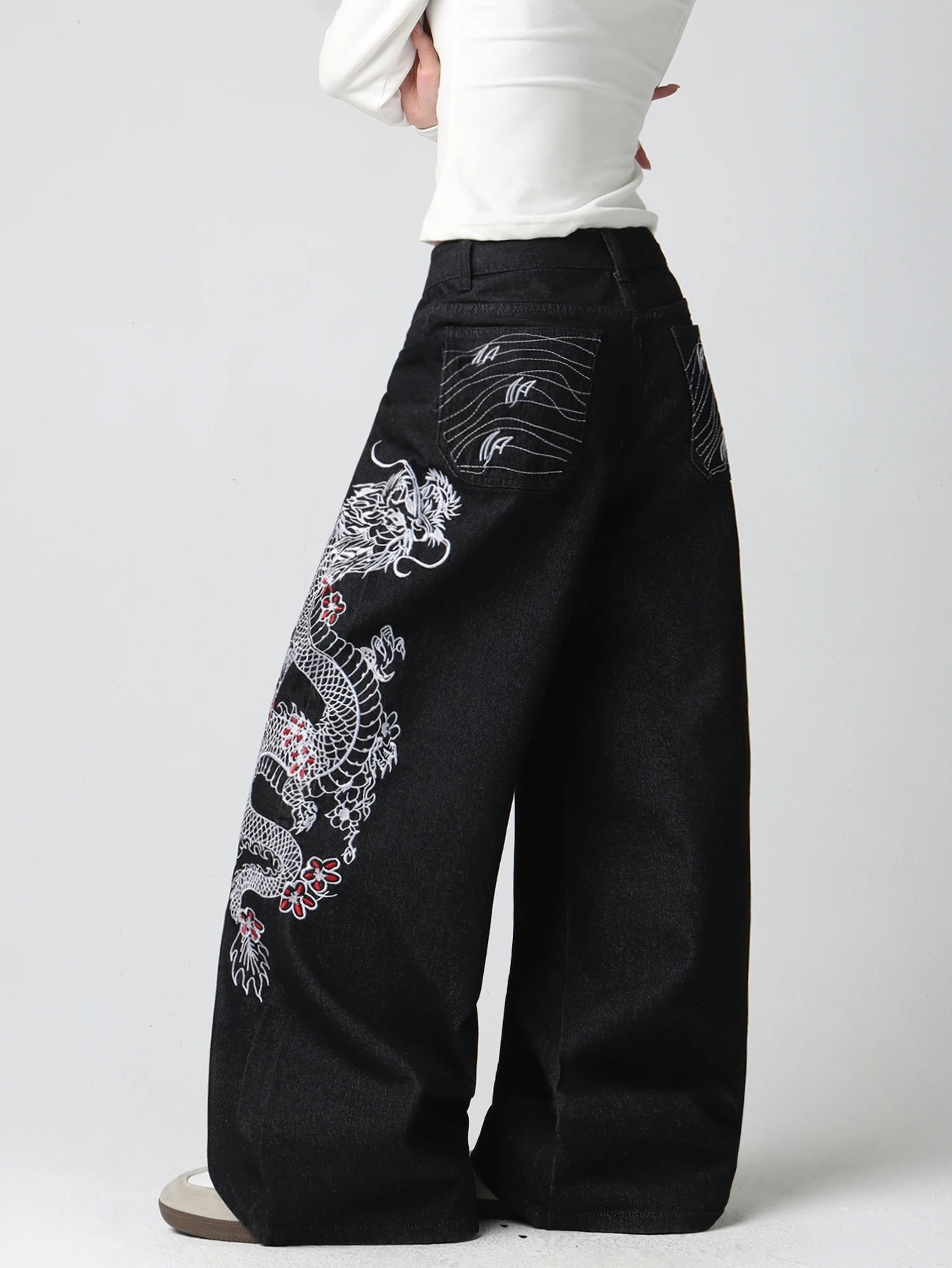 American Retro Heavy Industry Dragon Embroidery Design Black Women's Loose Wide-Leg Jeans Y2K Street Trend Fashion Versatile High-Waisted Trousers