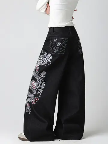 American Retro Heavy Industry Dragon Embroidery Design Black Women's Loose Wide-Leg Jeans Y2K Street Trend Fashion Versatile High-Waisted Trousers