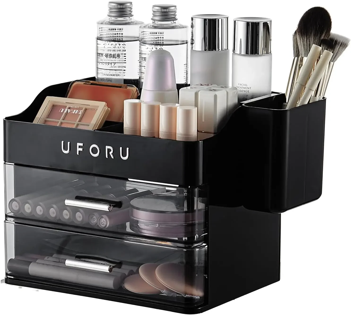 

Makeup Organizer for Vanity with Brush Holder, Bathroom Counter Organizer with 2 Clear Drawers, Cosmetic Display Case for Beauty